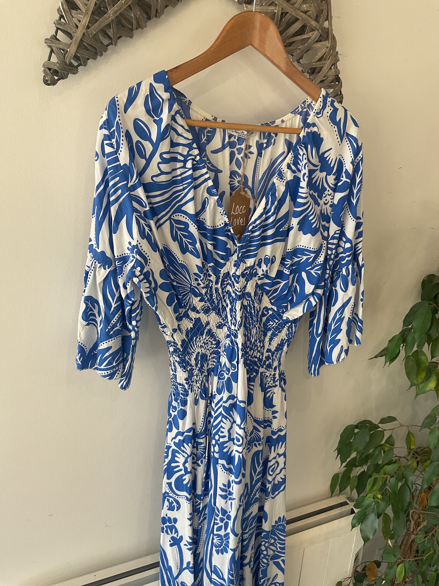 Palm Leaf V-Neck Long Dress - Blue/White