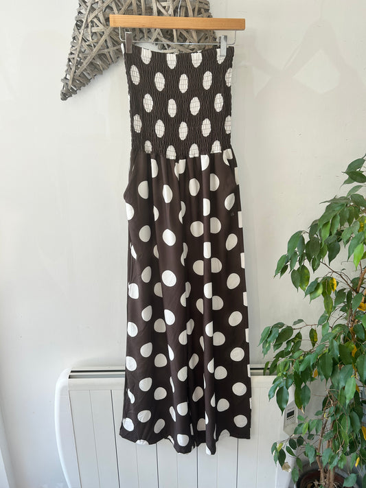 Polka Dot Shirred Bandeau Jumpsuit - Brown