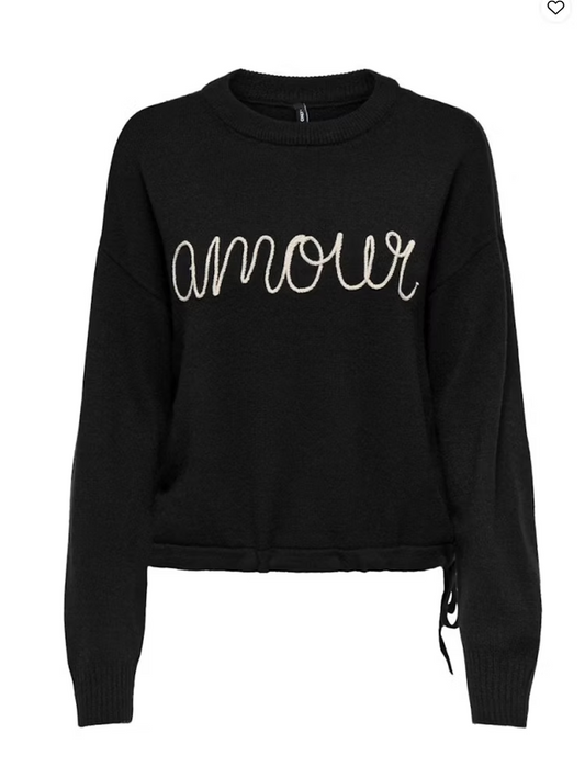 KATIA LS TEXT O-NECK - Black w/Cream