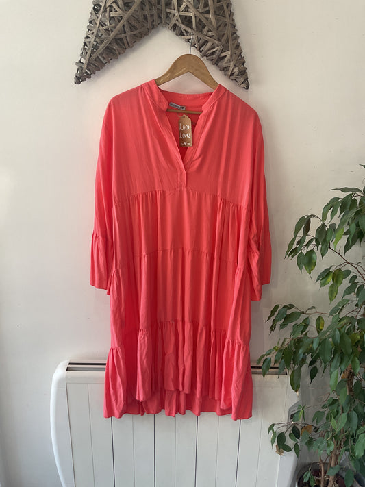Tiered 3/4 Smock Dress - Coral