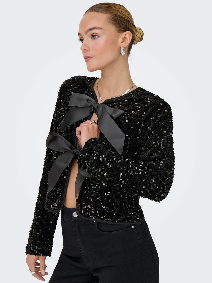 LANIKA SEQUINS LS BOW TOP - Black Sequins