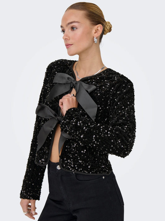 LANIKA SEQUINS LS BOW TOP - Black Sequins