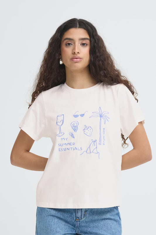 IHNOVOLA EMBROIDERED TEE - Cloud Dancer / Blue