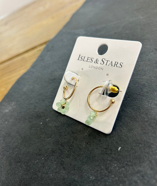 Flower Hoop Earrings - Gold/ Green