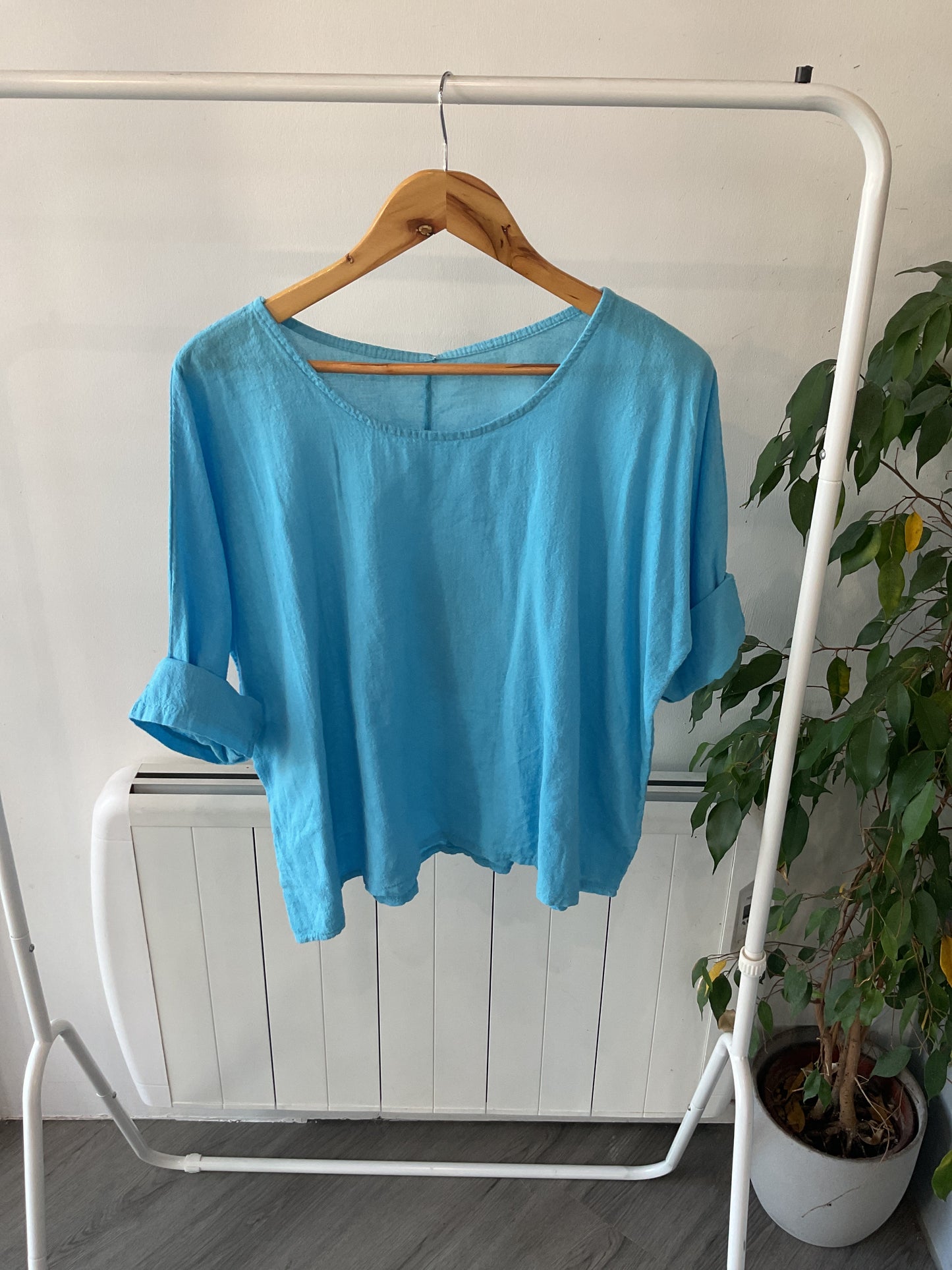 Linen Half Sleeve Top - Blue
