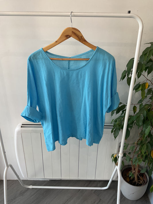 Linen Half Sleeve Top - Blue