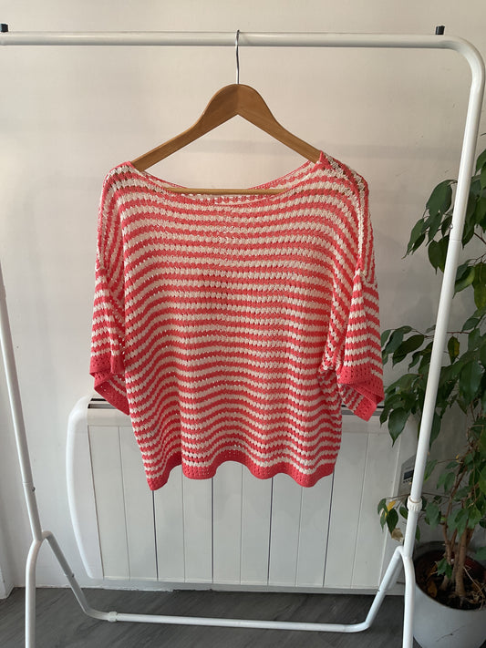 Oversized Crochet Stripe Top - Coral/ White