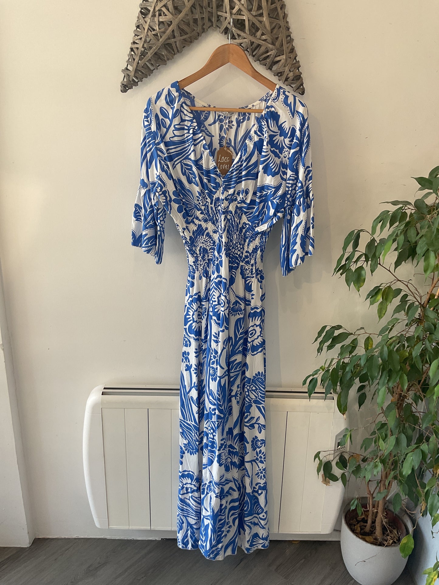 Palm Leaf V-Neck Long Dress - Blue/White