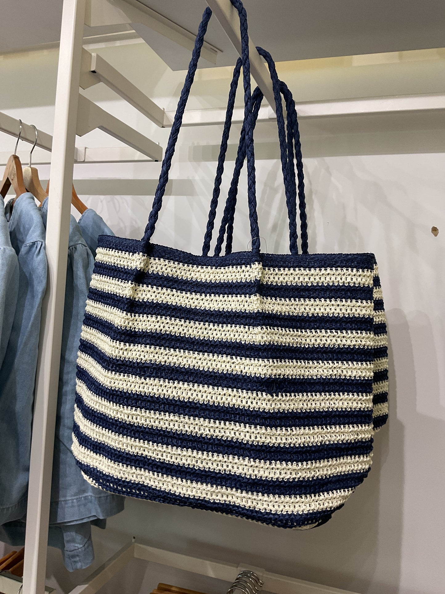 Crochet Oversized Shopper Bag - Navy & Cream