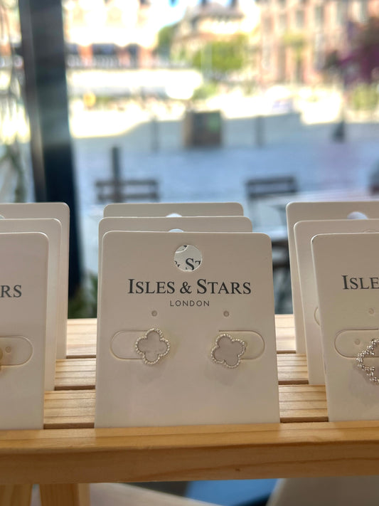 Small Clover Stud - White w/ Silver