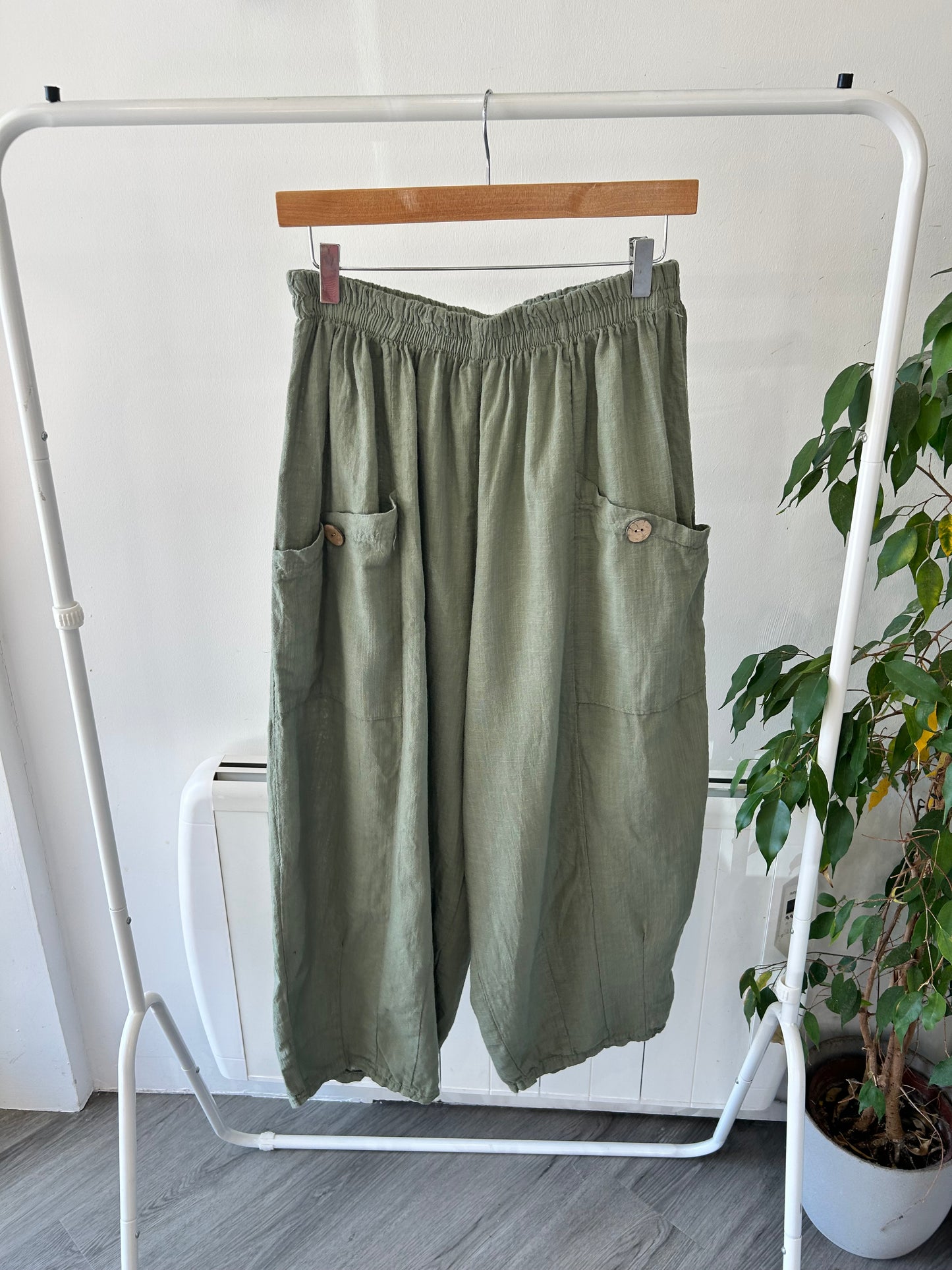 Linen Button Ballon Trousers - Khaki