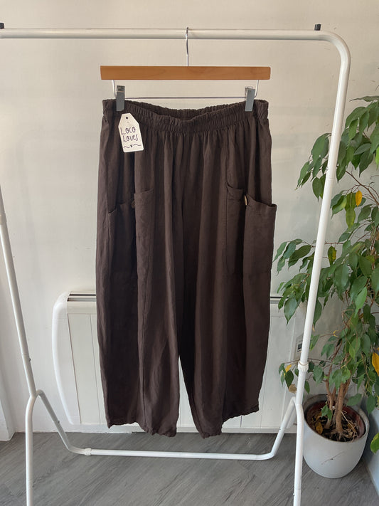 Linen Button Ballon Trousers - Brown