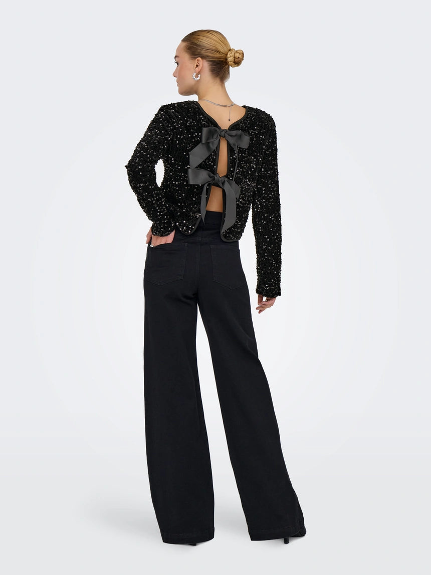 LANIKA SEQUINS LS BOW TOP - Black Sequins