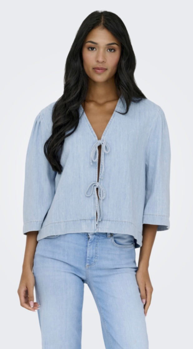 ZOLA 3/4 Denim Tie Top - Light Blue
