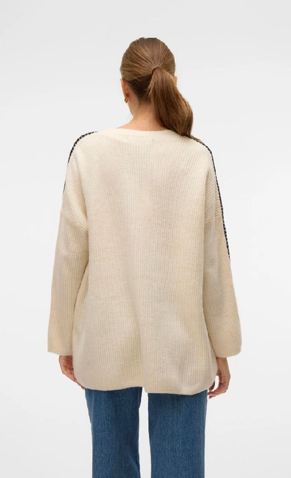 ZORA LS V-NECK OPEN CARDIGAN - Birch/Chocola