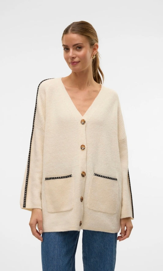 ZORA LS V-NECK OPEN CARDIGAN - Birch/Chocola