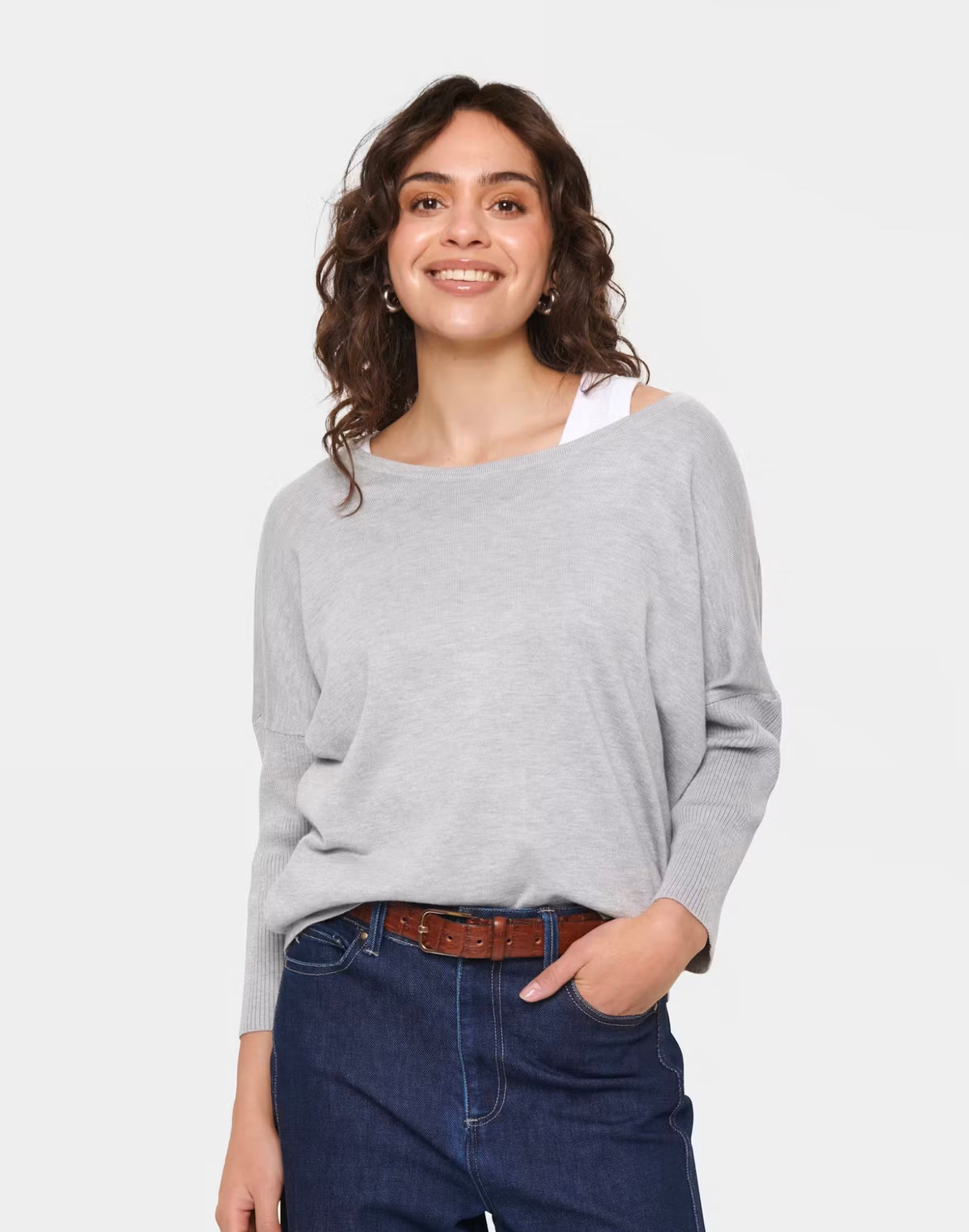 MILA R- NECK PULLOVER - Pearl Grey Melange