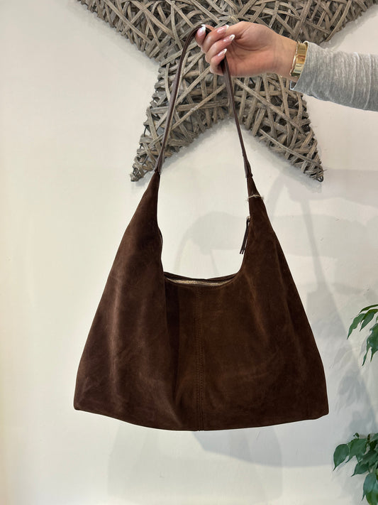 Faux Suede Handbag - Chocolate