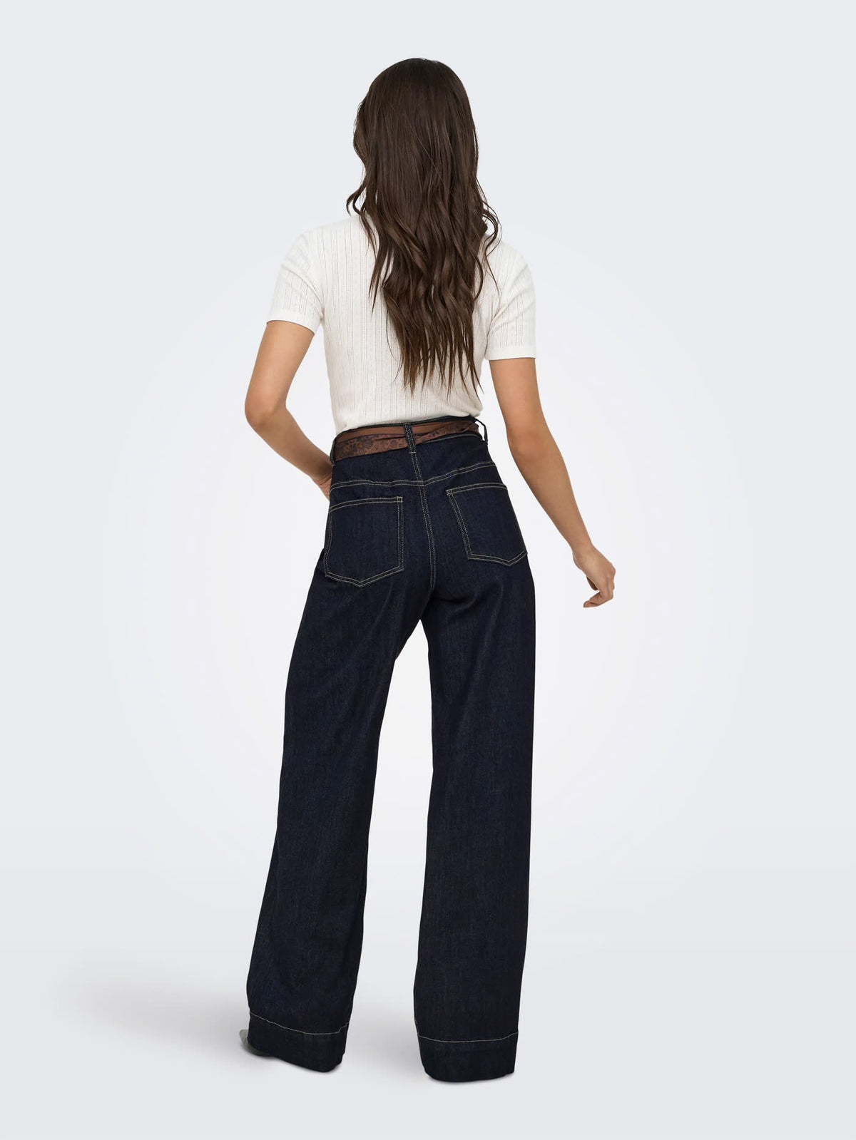 MADISON HW CHINO WIDE DENIM - Dark Blue with brown scarf belt
