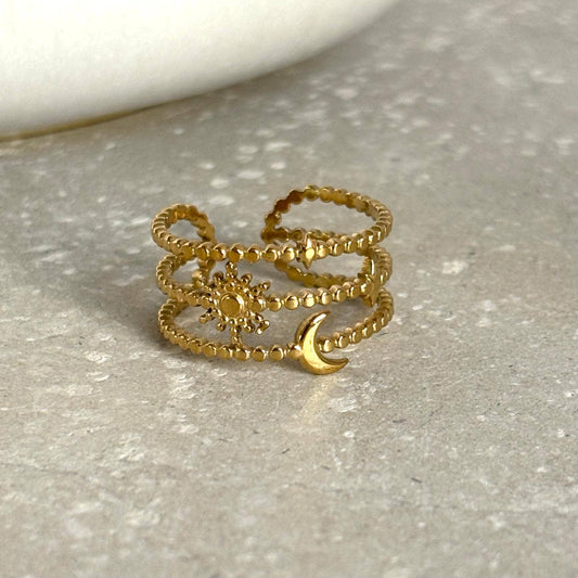 Tarnish Resistant Sun, Moon, Stars Open Ring