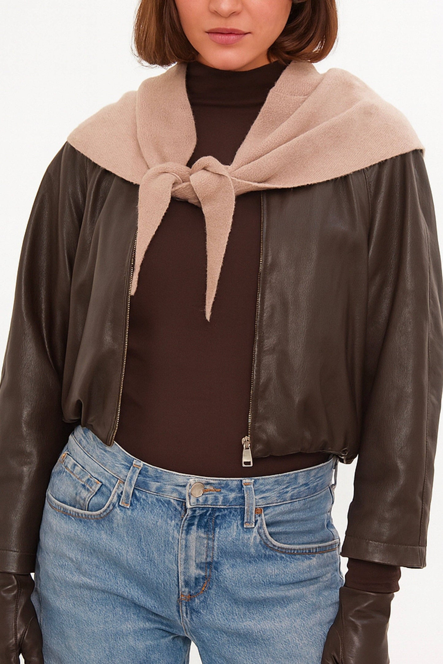 Knitted Triangle Scarf in Light Brown: Light Brown