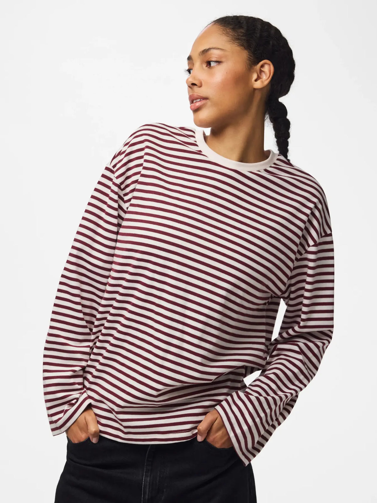 PCSADIE LS STRIPE TOP JRS- wine/white