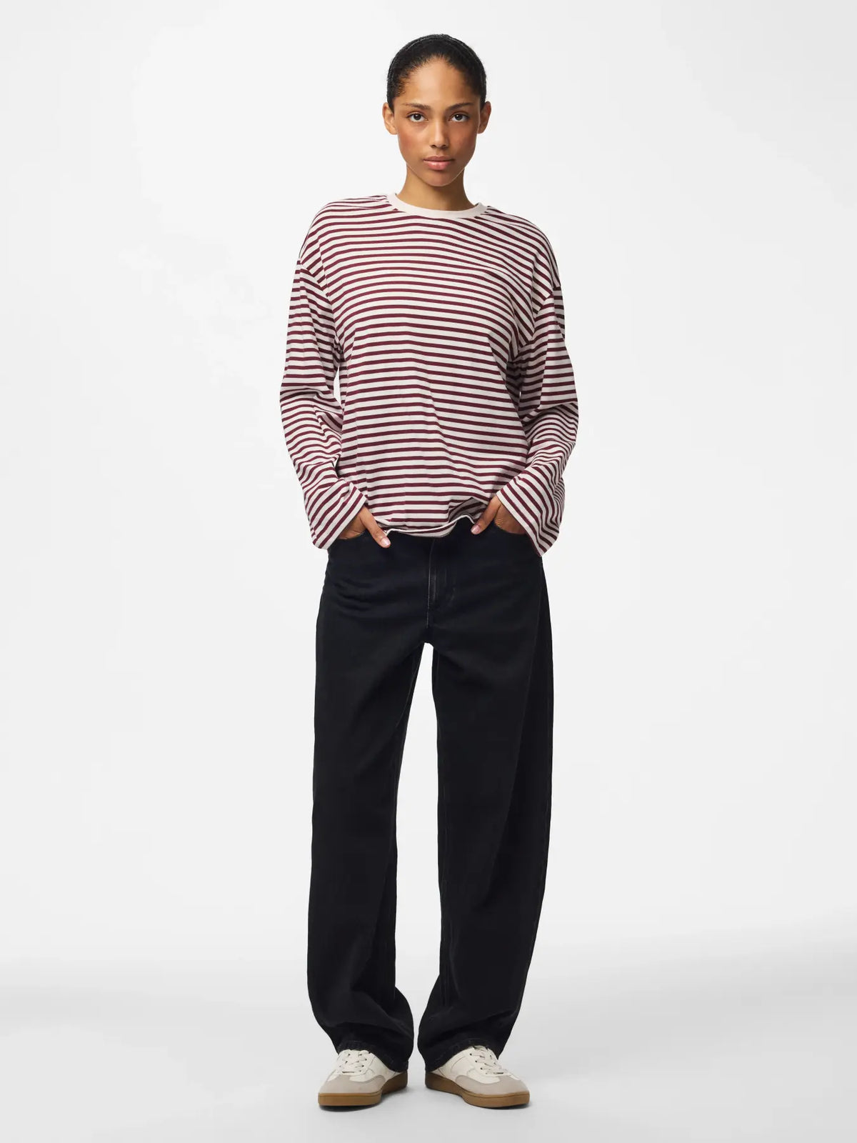 PCSADIE LS STRIPE TOP JRS- wine/white