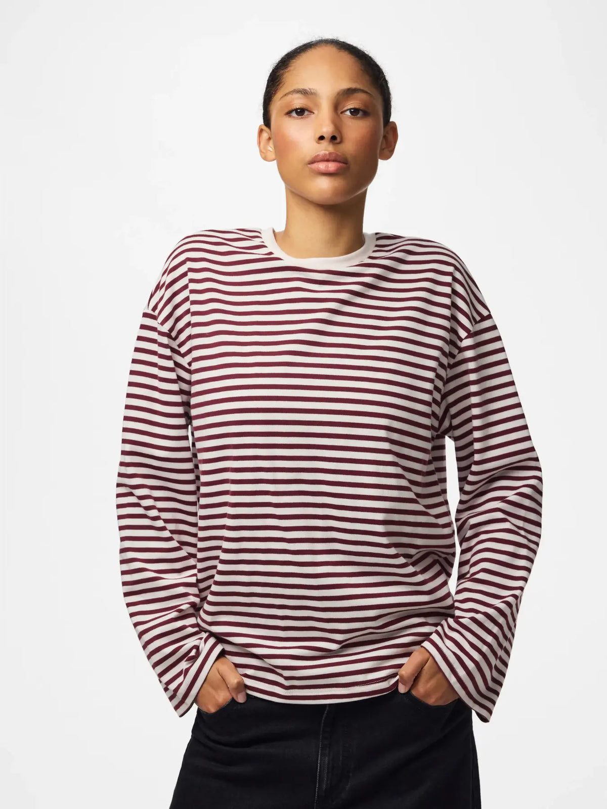 PCSADIE LS STRIPE TOP JRS- wine/white
